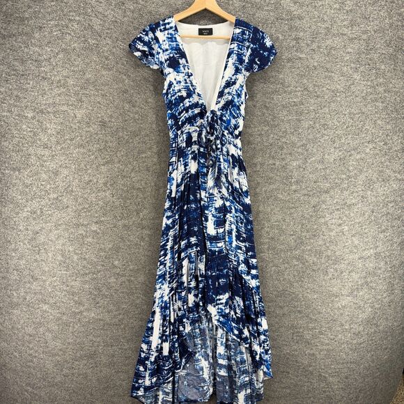 Vici Dress Women S Small Blue Geometric Maxi Long V-Neck Short Sleeve Casual - Picture 1 of 6